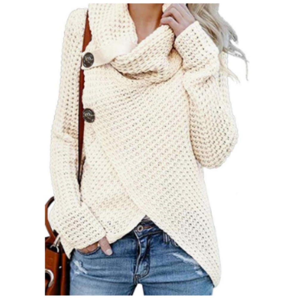 Turtle CowlNeck ChunkyButton WrapPullover Sweater5